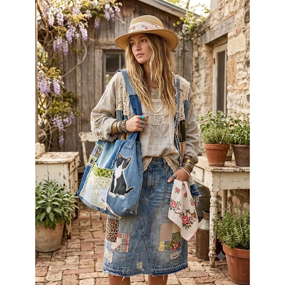 Denim Oversized Tote Bag Patchwork Applique Shoulder Bag Reclaimed Boho Artisana
